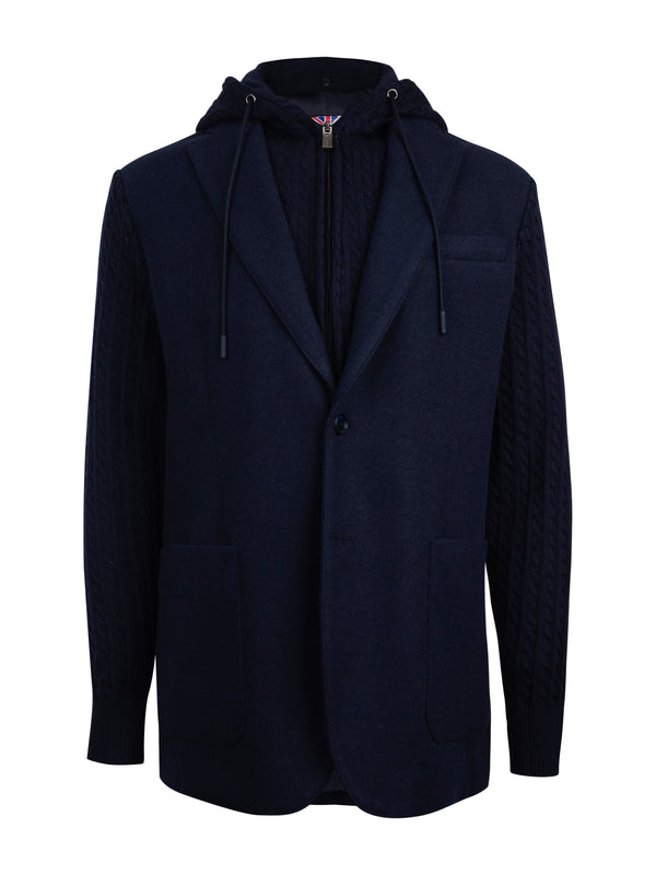 A dark navy blue hooded zip-up jacket with textured knit sleeves and a smooth front panel