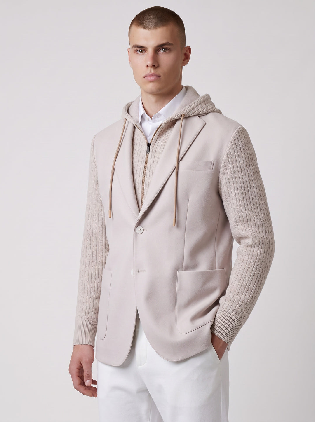 A male model wearing a light beige hooded blazer with knit cable-sleeve panels, layered over a white zip-up hoodie and white shirt, paired with white trousers