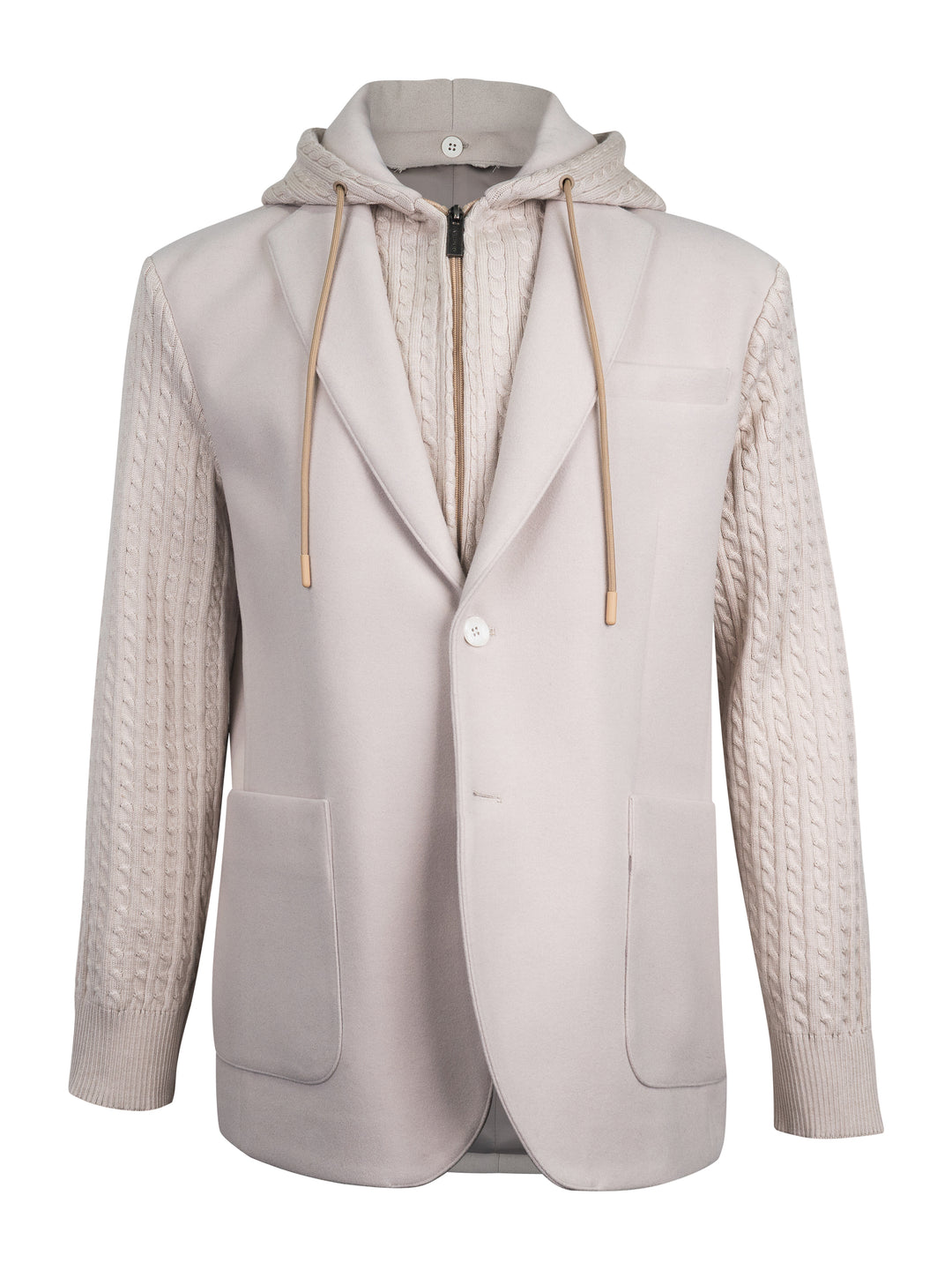 A light beige hooded blazer with cable-knit sleeves and a zippered front