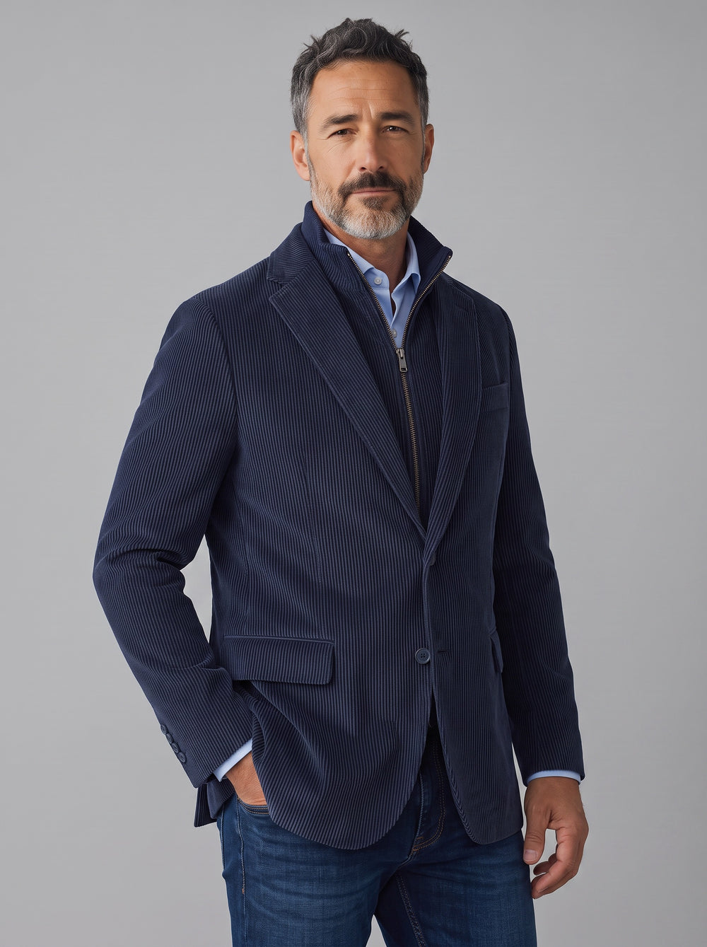 A man wearing a navy blue corduroy blazer with a high zippered collar over a light blue dress shirt and blue jeans