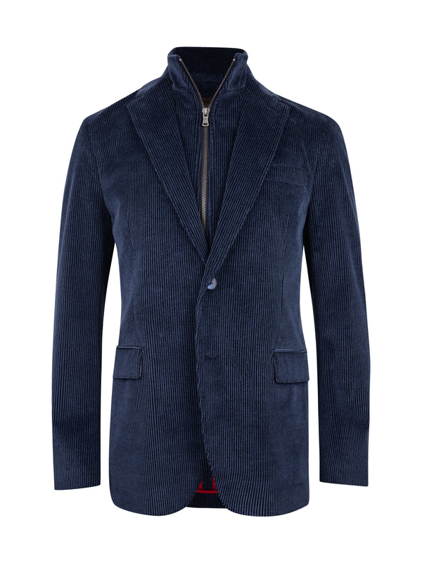 A navy blue corduroy blazer jacket with a unique front zipper detail