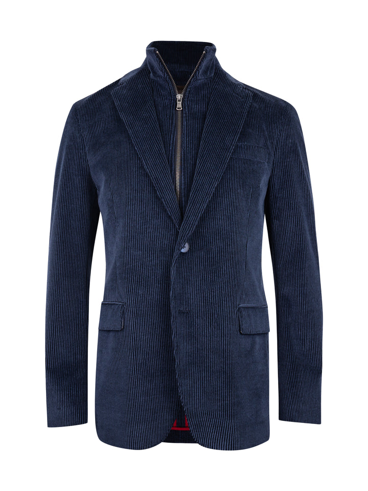 A navy blue corduroy blazer jacket with a unique front zipper detail