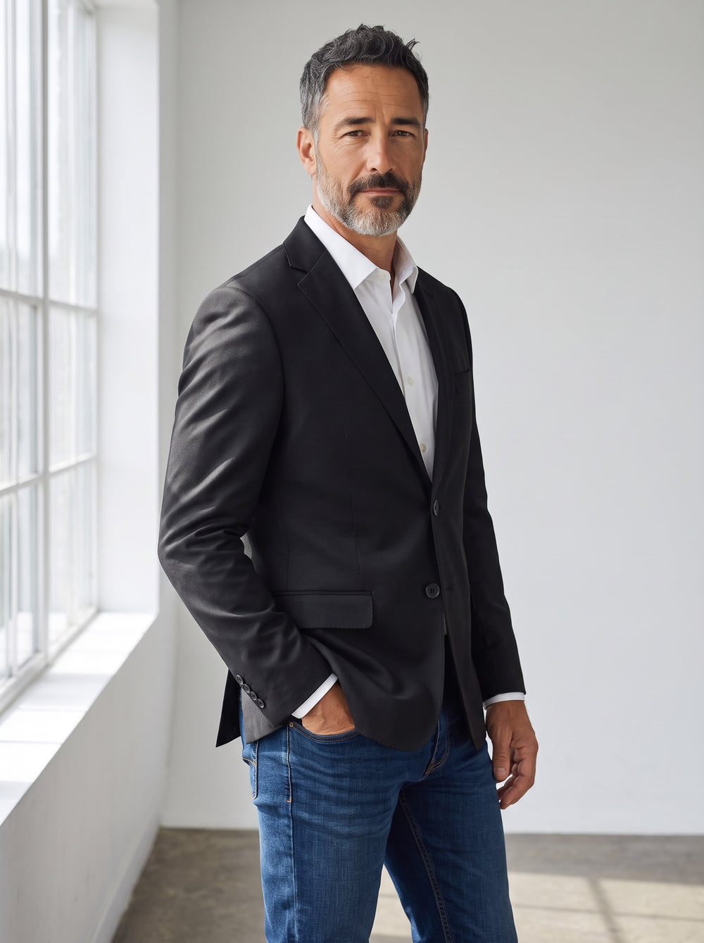 A man wearing a dark charcoal gray blazer, white dress shirt, and blue jeans.