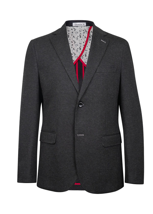 Black textured knit sport coat with notched lapel, single chest pocket, and two front pockets. Tailored fit and structured silhouette.
