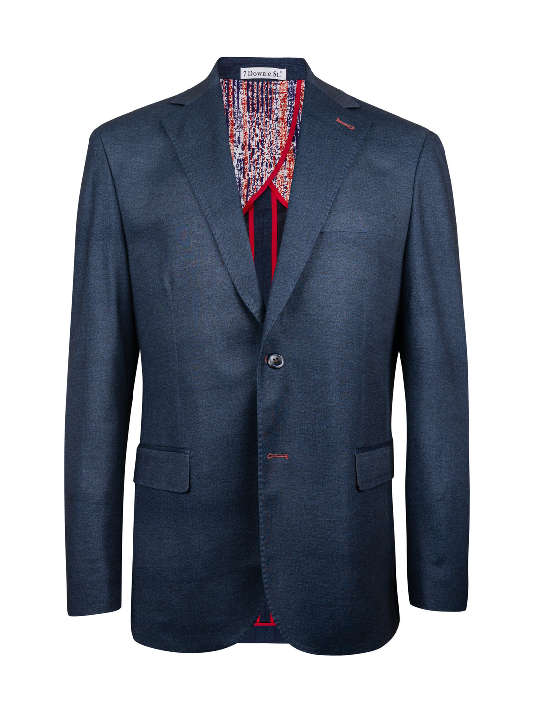A navy blue textured blazer jacket with a single button closure,