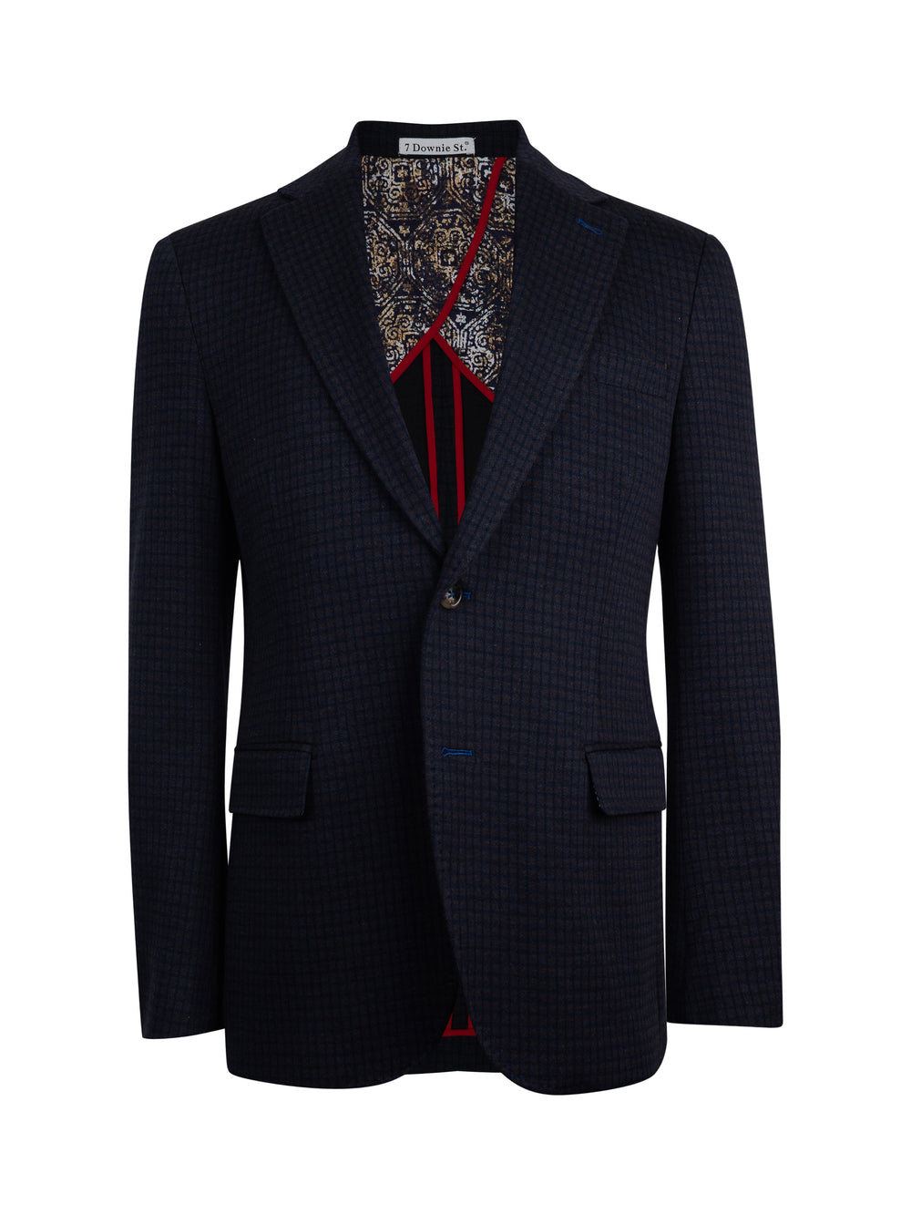 A dark navy blue houndstooth blazer with a patterned lining and red striped inner collar, displayed on a white background.