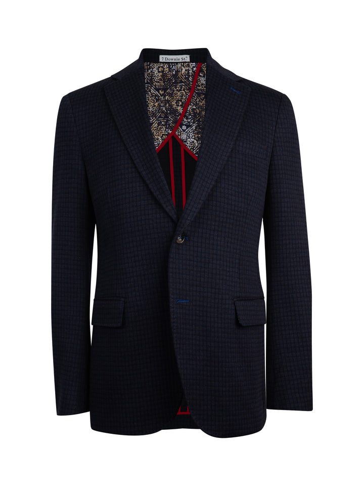 A dark navy blue houndstooth blazer with a patterned lining and red striped inner collar, displayed on a white background.