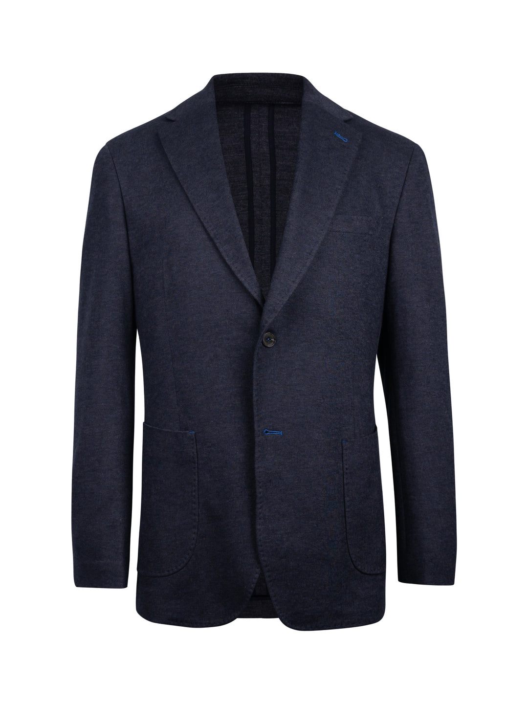 A dark navy blue textured blazer with notch lapels, a two-button front closure, and front patch pockets