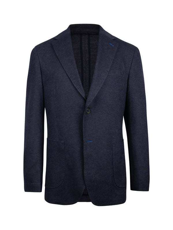 A dark navy blue textured blazer with notch lapels, a two-button front closure, and front patch pockets