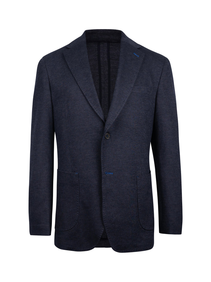 A dark navy blue textured blazer with notch lapels, a two-button front closure, and front patch pockets
