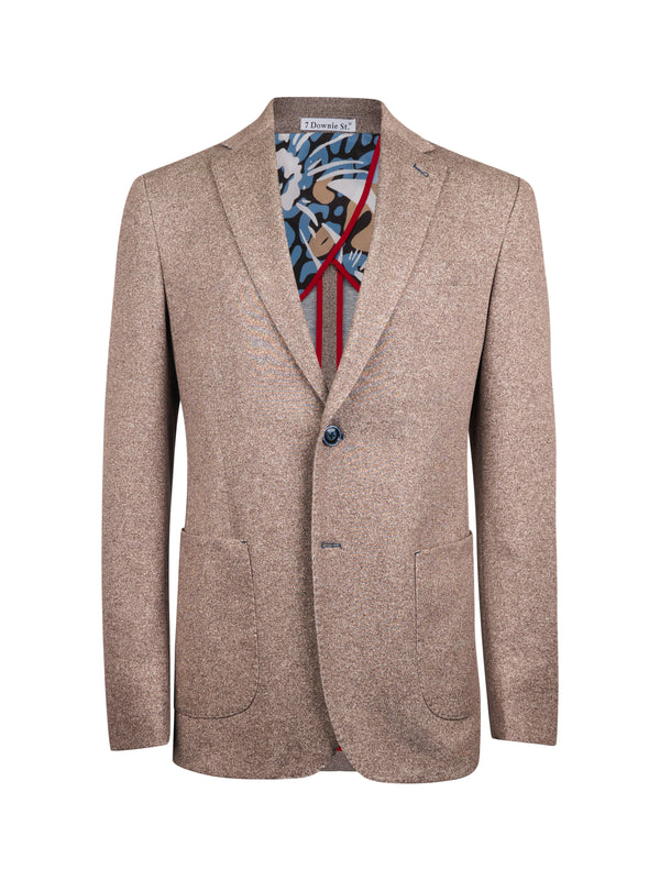 A men's light brown tweed blazer jacket with a single button closure