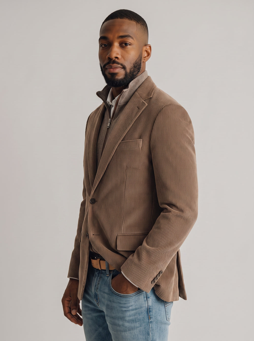 A man wearing a brown corduroy blazer over a collared shirt and jeans