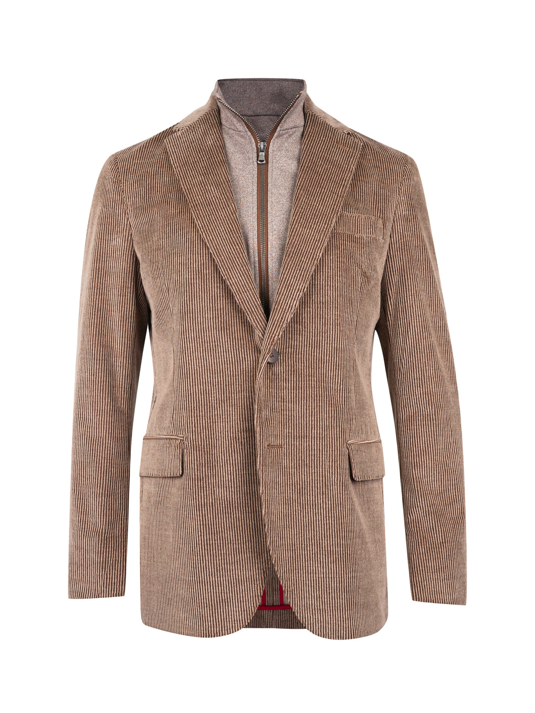 A brown corduroy blazer jacket with a high stand collar, shown on a white background with a gray zippered inner layer visible.