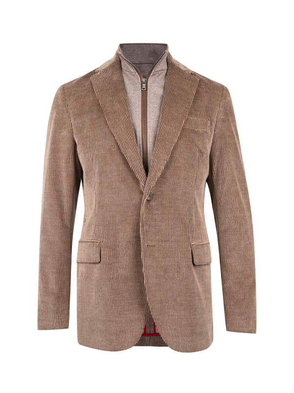 A brown corduroy blazer jacket with a high stand collar, shown on a white background with a gray zippered inner layer visible.