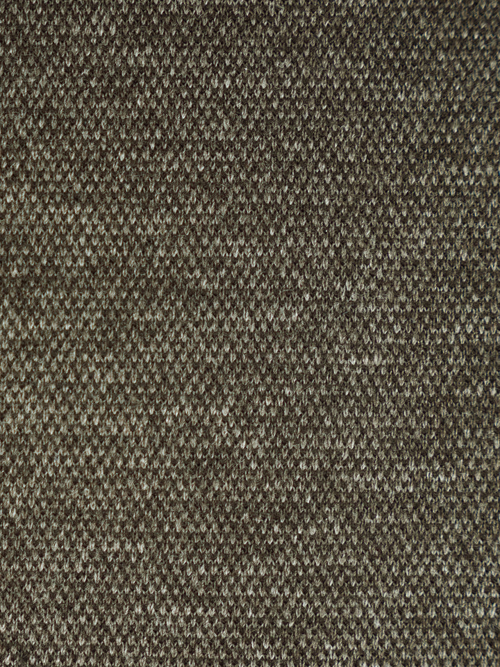 A close-up texture shot of a woven fabric with a fine, ribbed pattern in a heathered brown and beige colorway.