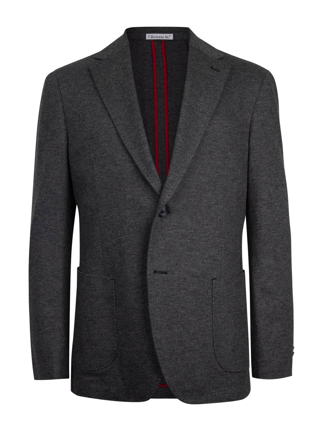 A dark gray textured wool blazer with a single-breasted button closure, notch lapels, and front patch pockets, shown against a plain white background.