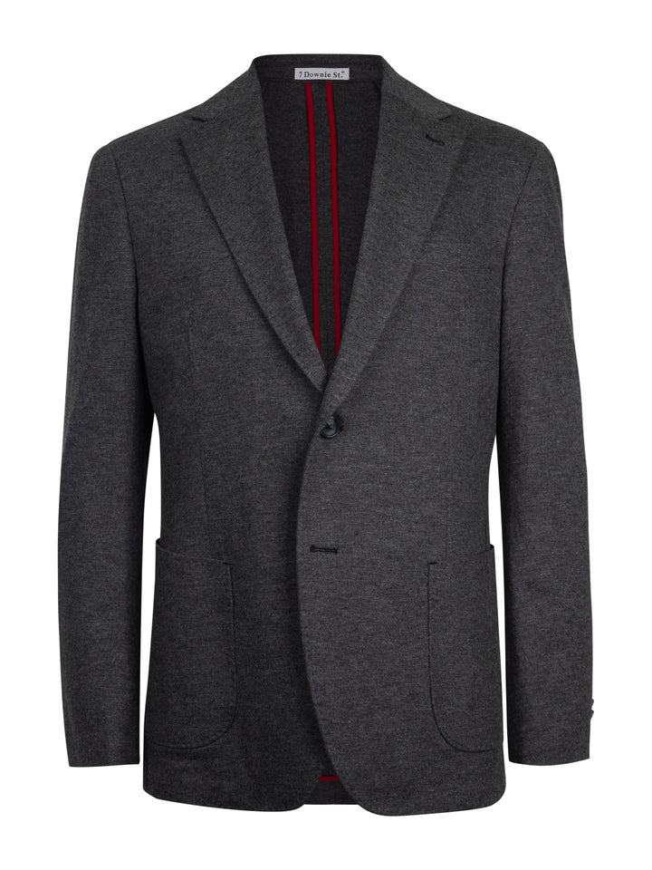 A dark gray textured wool blazer with a single-breasted button closure, notch lapels, and front patch pockets, shown against a plain white background.