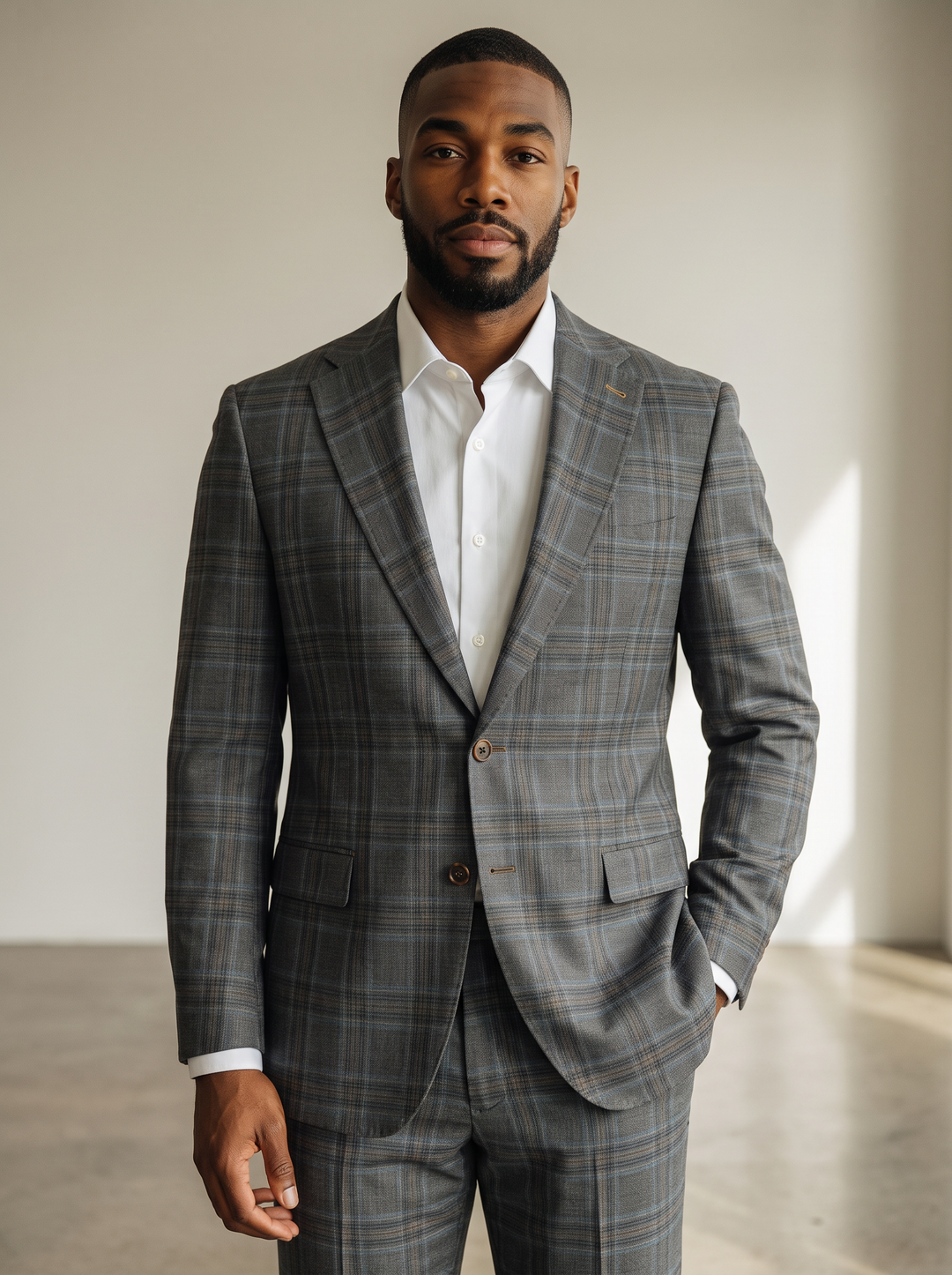 A man wearing a gray and brown plaid suit with a white dress shirt