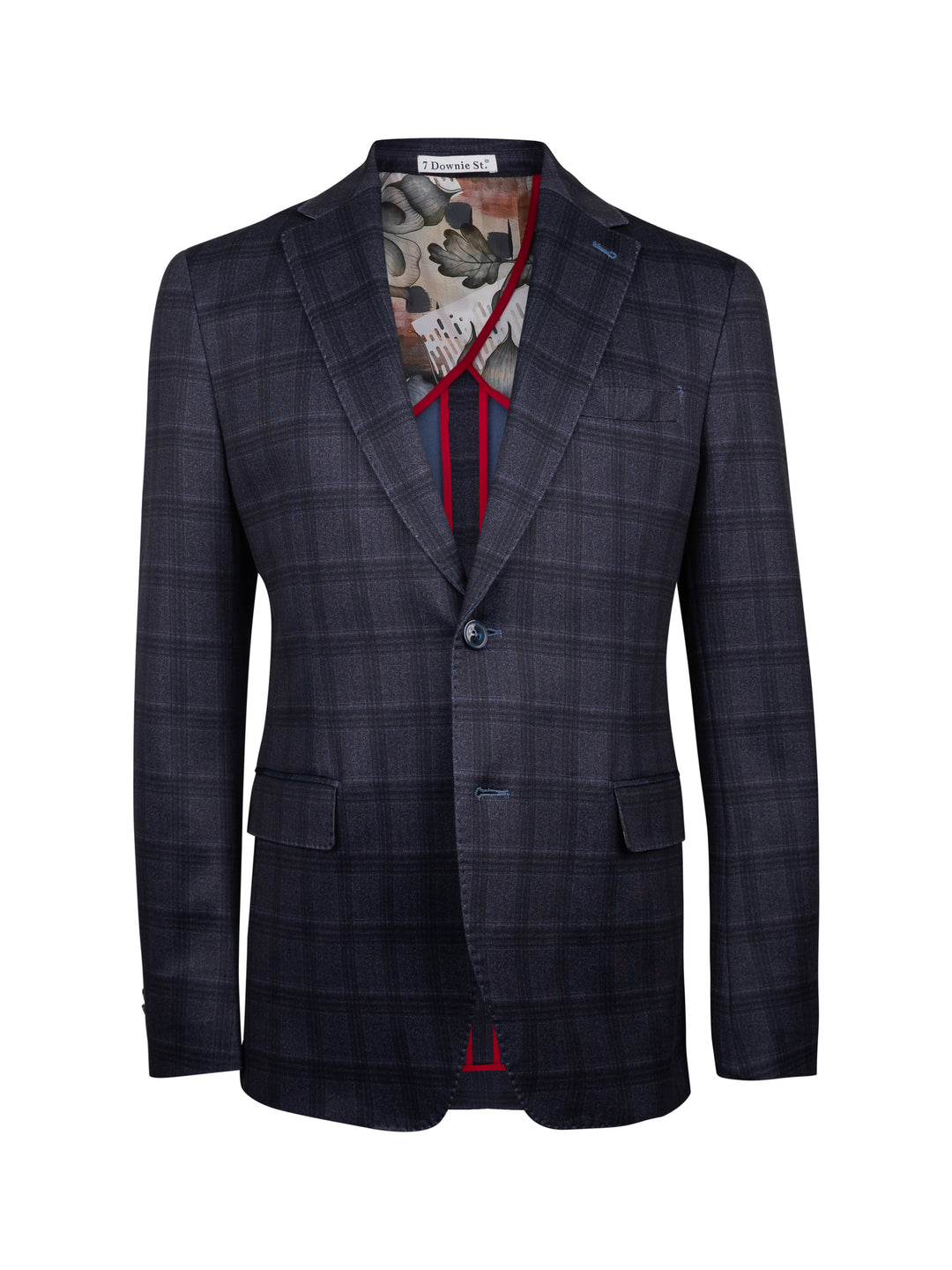 A dark navy blue plaid blazer jacket with a patterned shirt and red tie visible inside, shown against a plain white background.