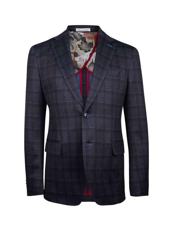 A dark navy blue plaid blazer jacket with a patterned shirt and red tie visible inside, shown against a plain white background.