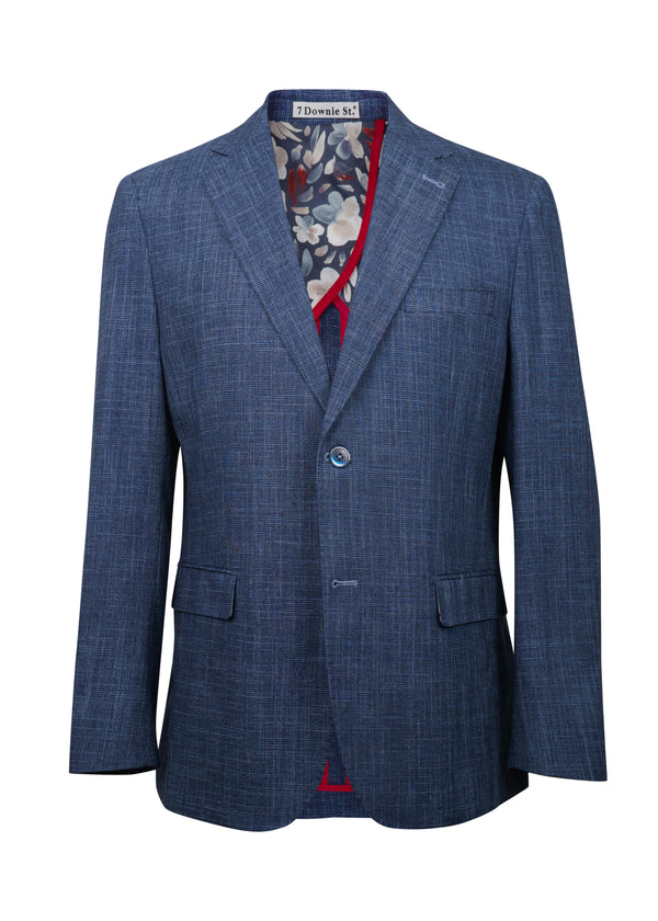 Navy woven sports coat with a notched lapel, single button closure, and floral interior lining.