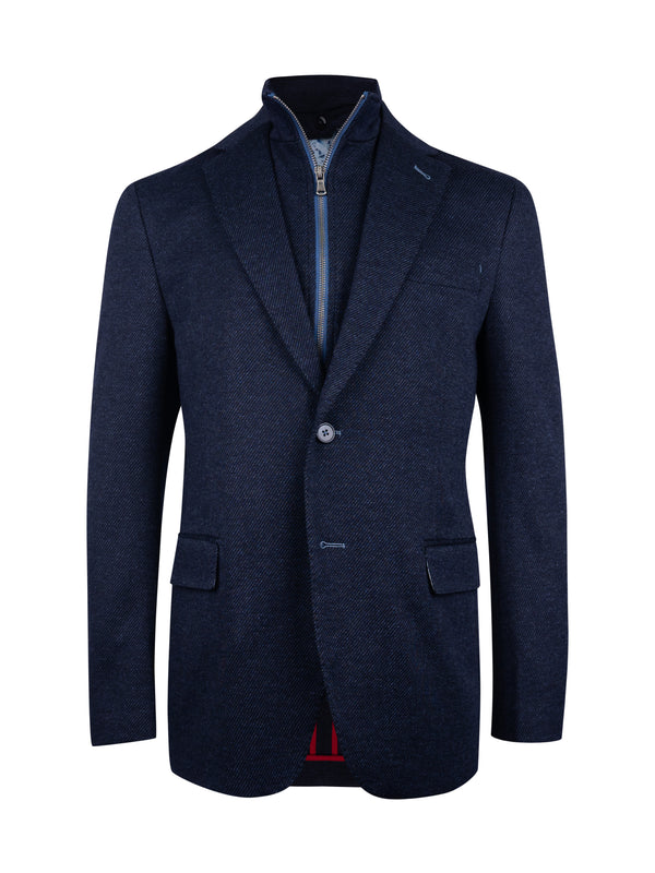 A men's navy blue blazer with a unique zip-up collar, featuring a single button closure, flap pockets, and a subtle heathered texture