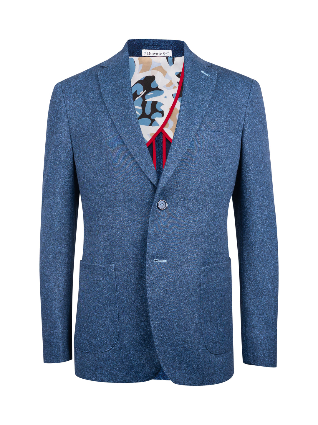 A blue textured blazer jacket with a single button closure, two front patch pockets