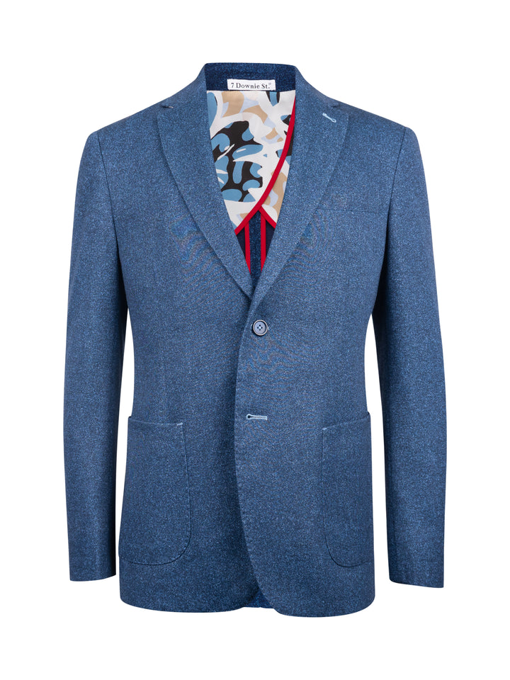 A blue textured blazer jacket with a single button closure, two front patch pockets