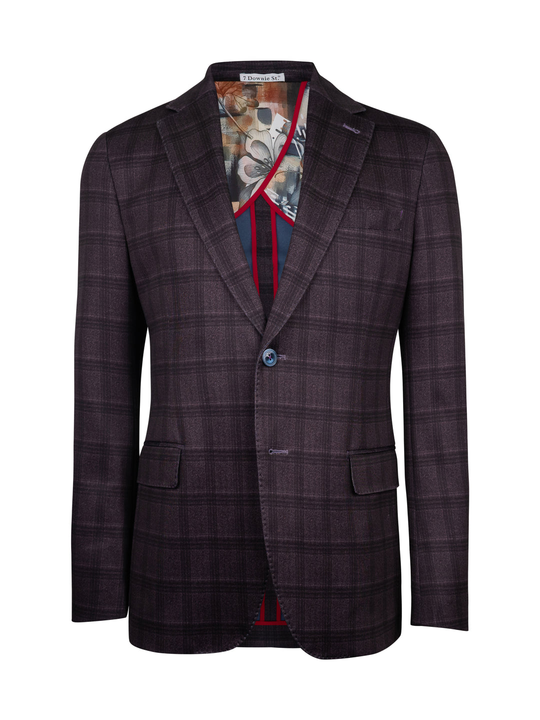 A dark purple and black plaid blazer jacket with a patterned shirt and red tie visible underneath