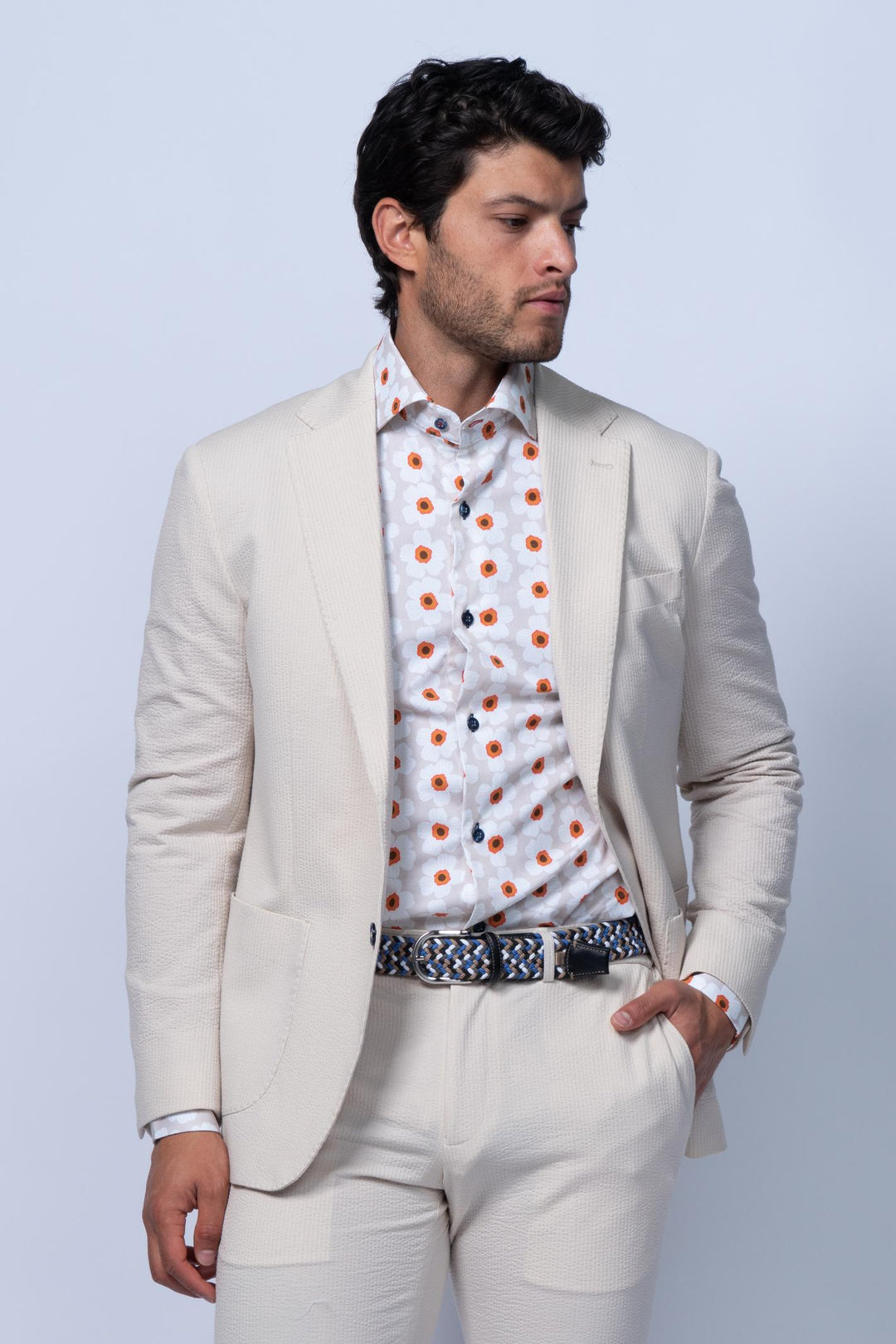 Meridian Beige Cotton Stretch Seersucker