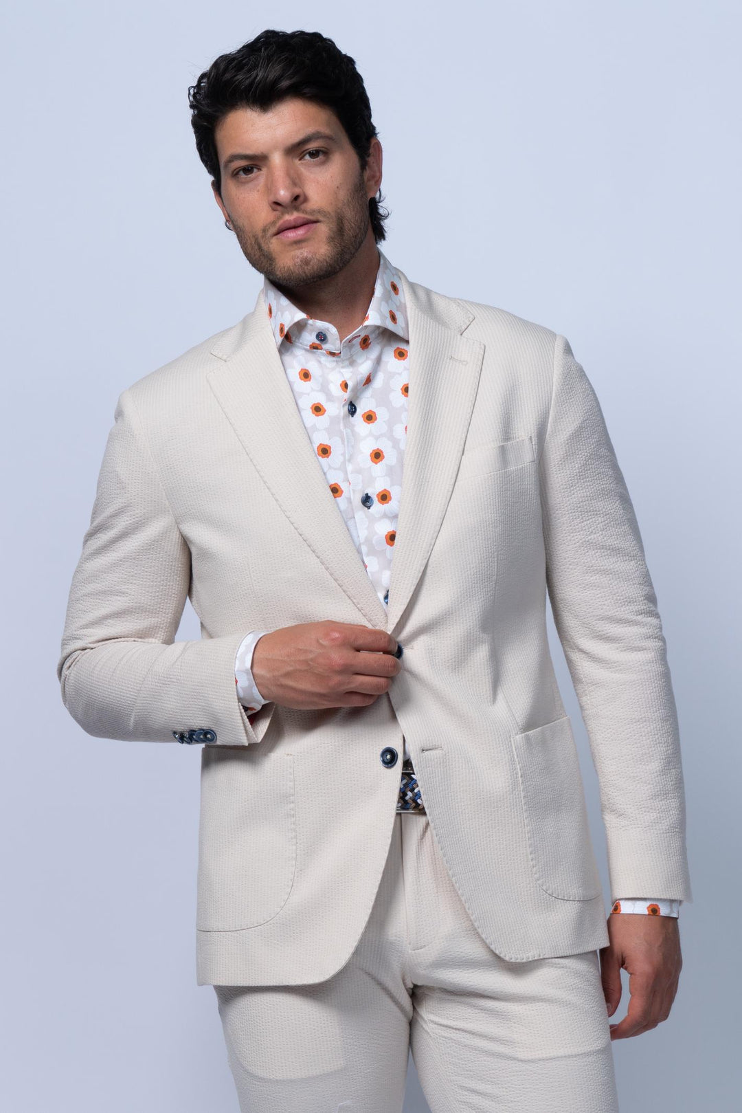 Meridian Beige Cotton Stretch Seersucker