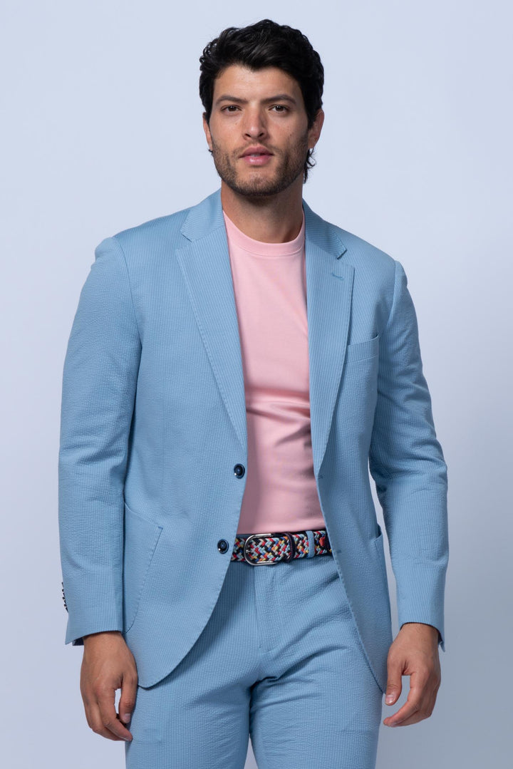 Meridian Light Blue Cotton Stretch Seersucker