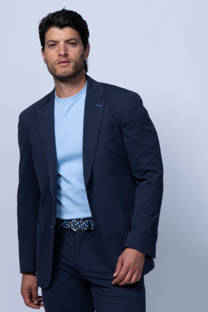 Meridian Navy Stretch Cotton Seersucker