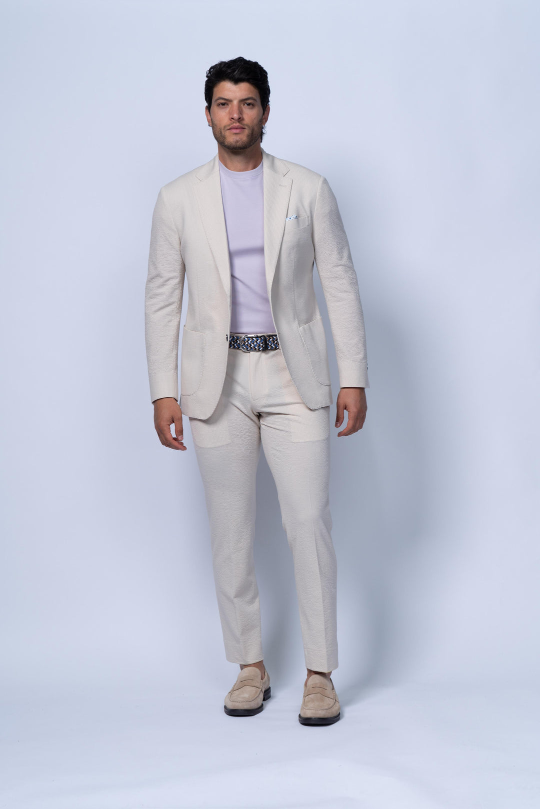 Meridian Beige Cotton Stretch Seersucker