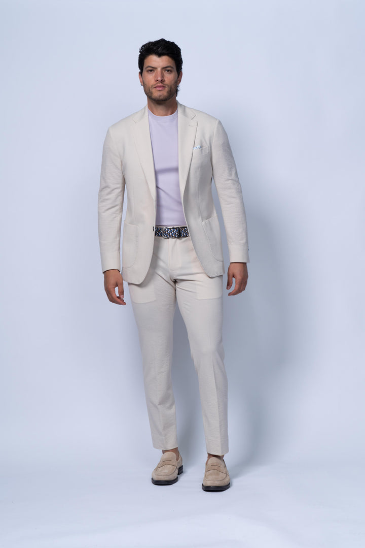 Meridian Beige Cotton Stretch Seersucker