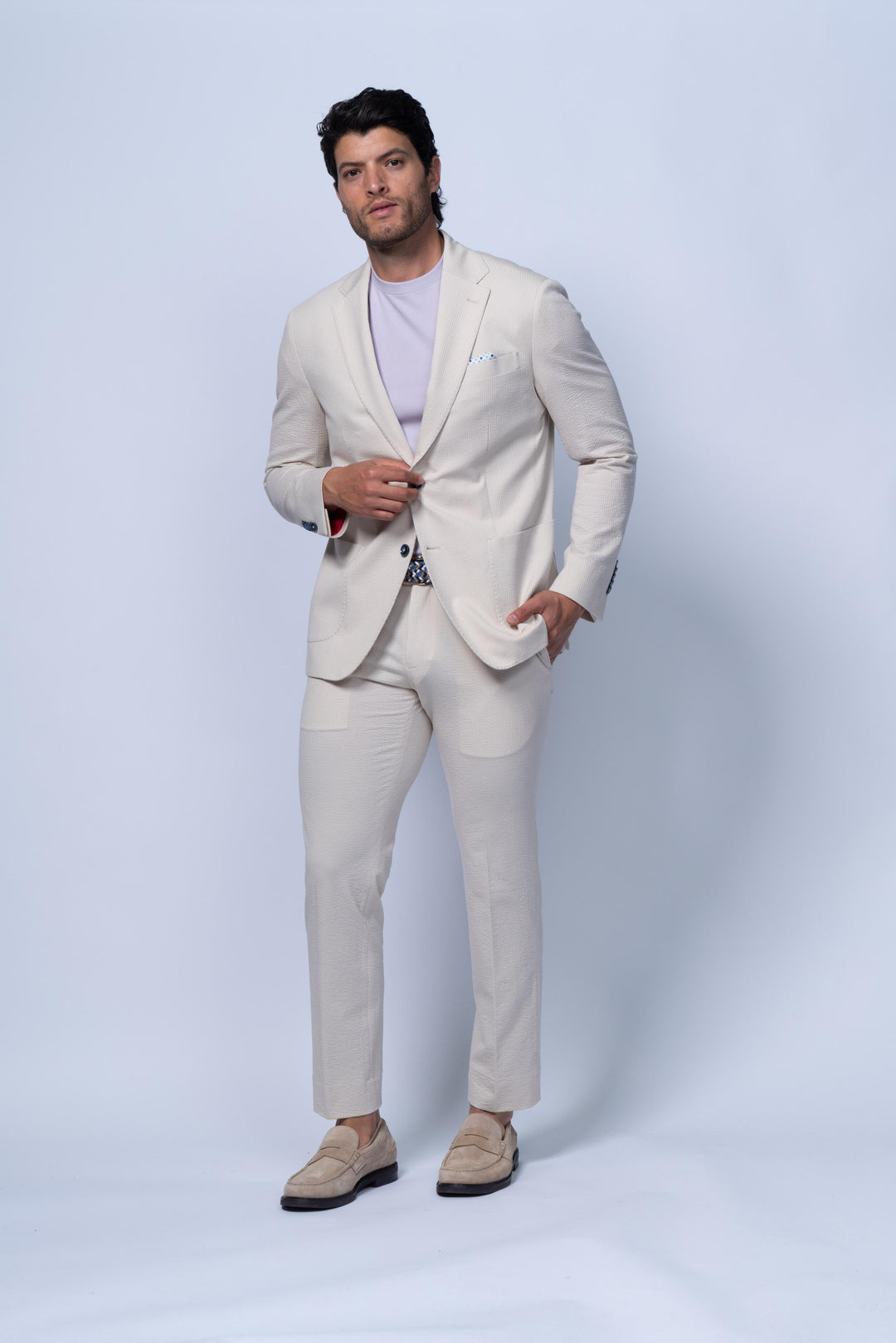 Meridian Beige Cotton Stretch Seersucker