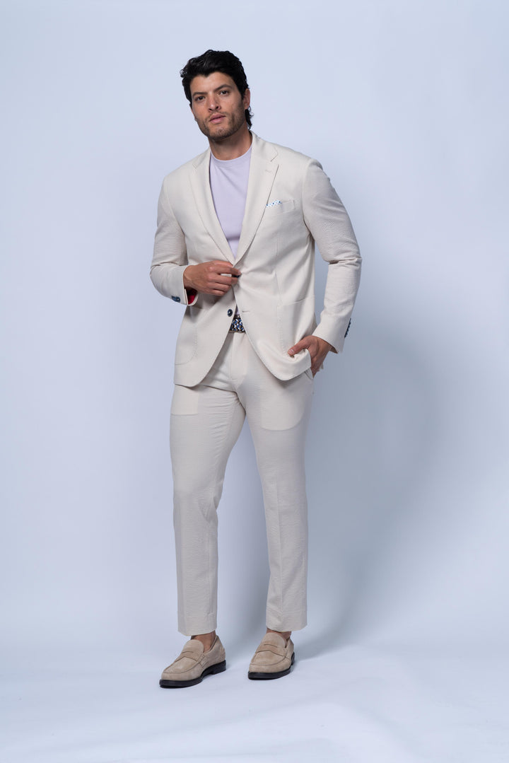 Meridian Beige Cotton Stretch Seersucker