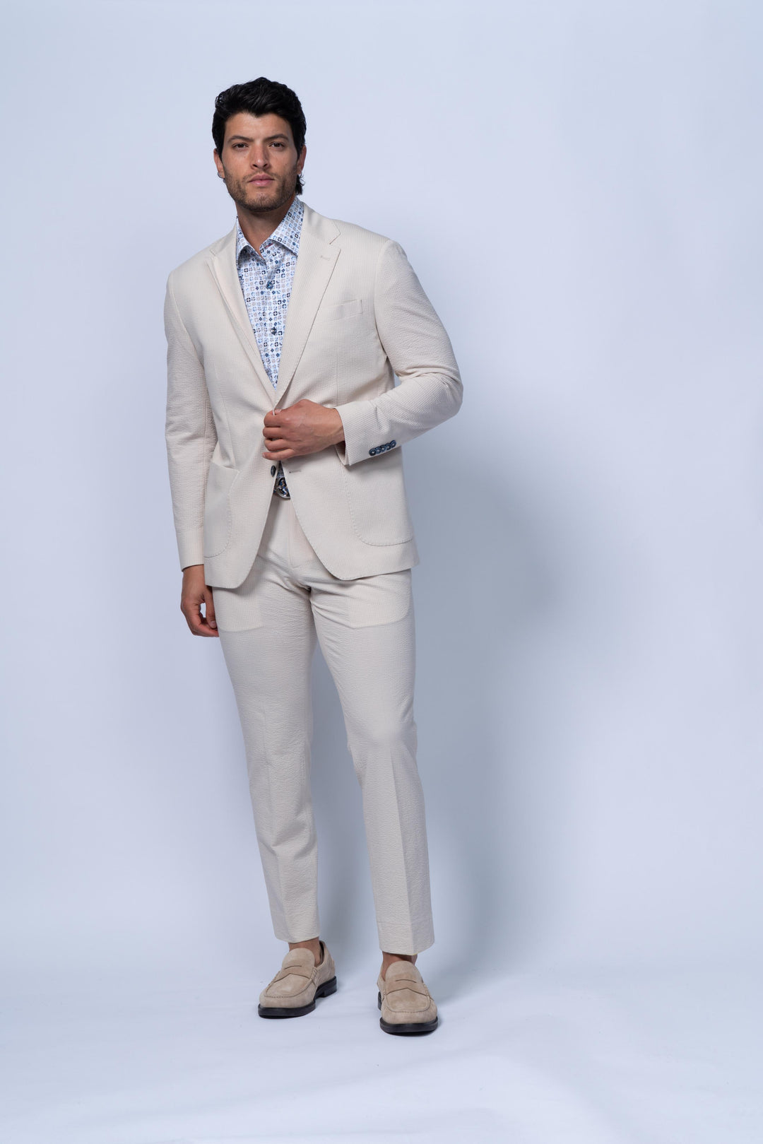 Meridian Beige Cotton Stretch Seersucker