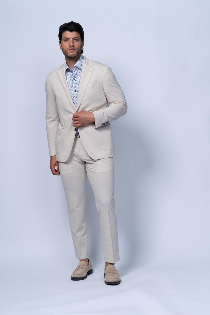 Meridian Beige Cotton Stretch Seersucker