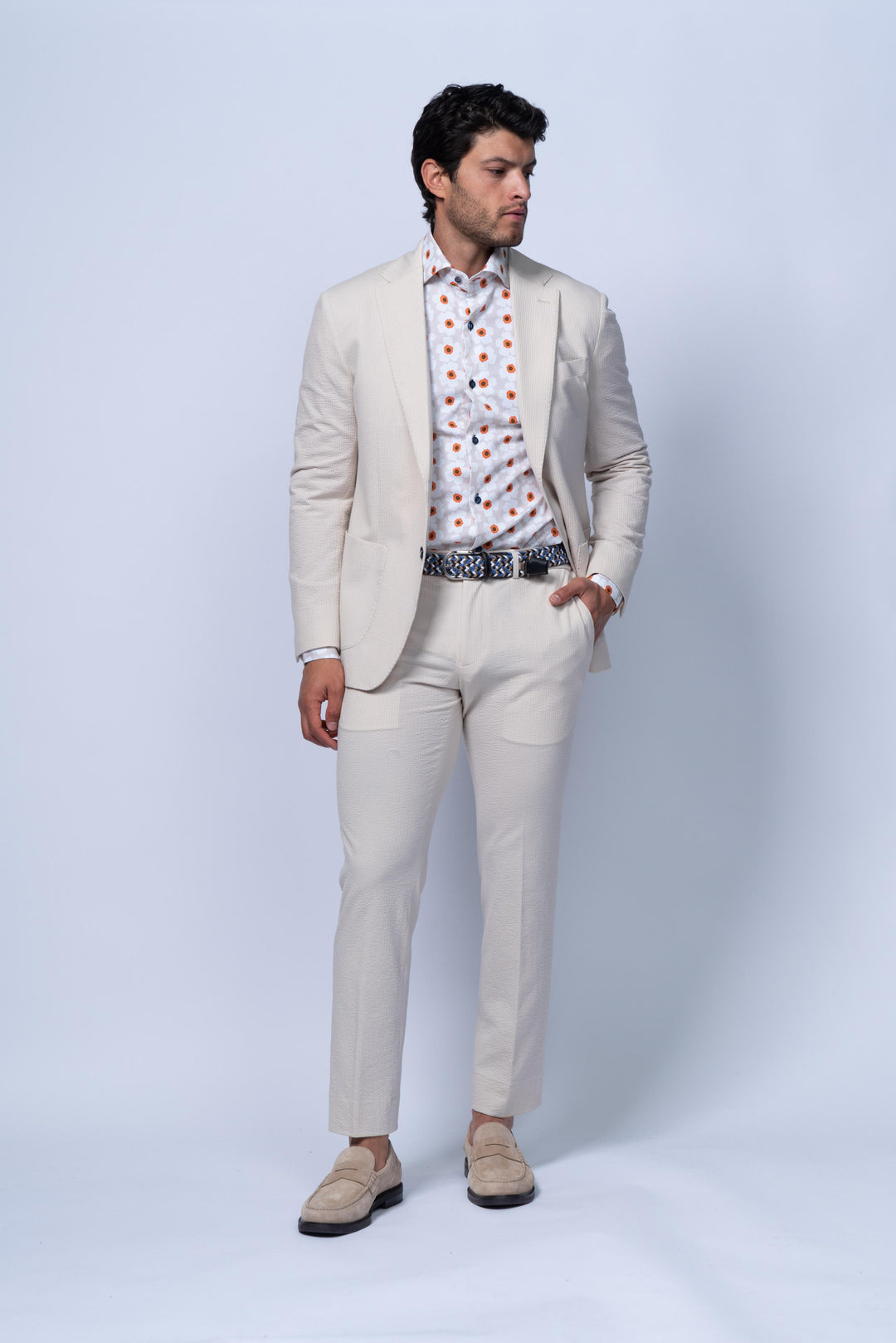 Meridian Beige Cotton Stretch Seersucker