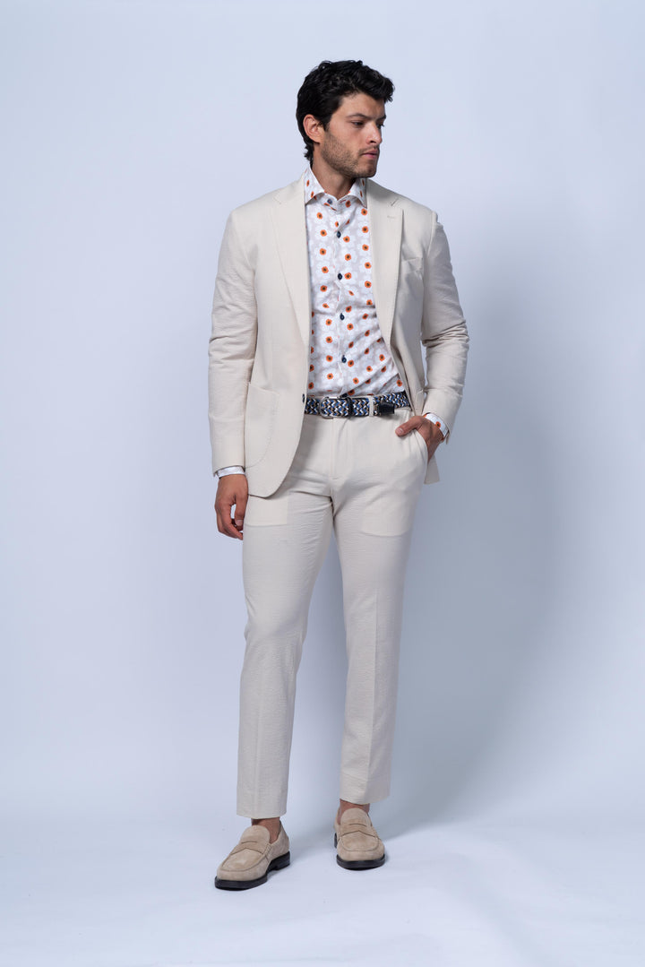 Meridian Beige Cotton Stretch Seersucker