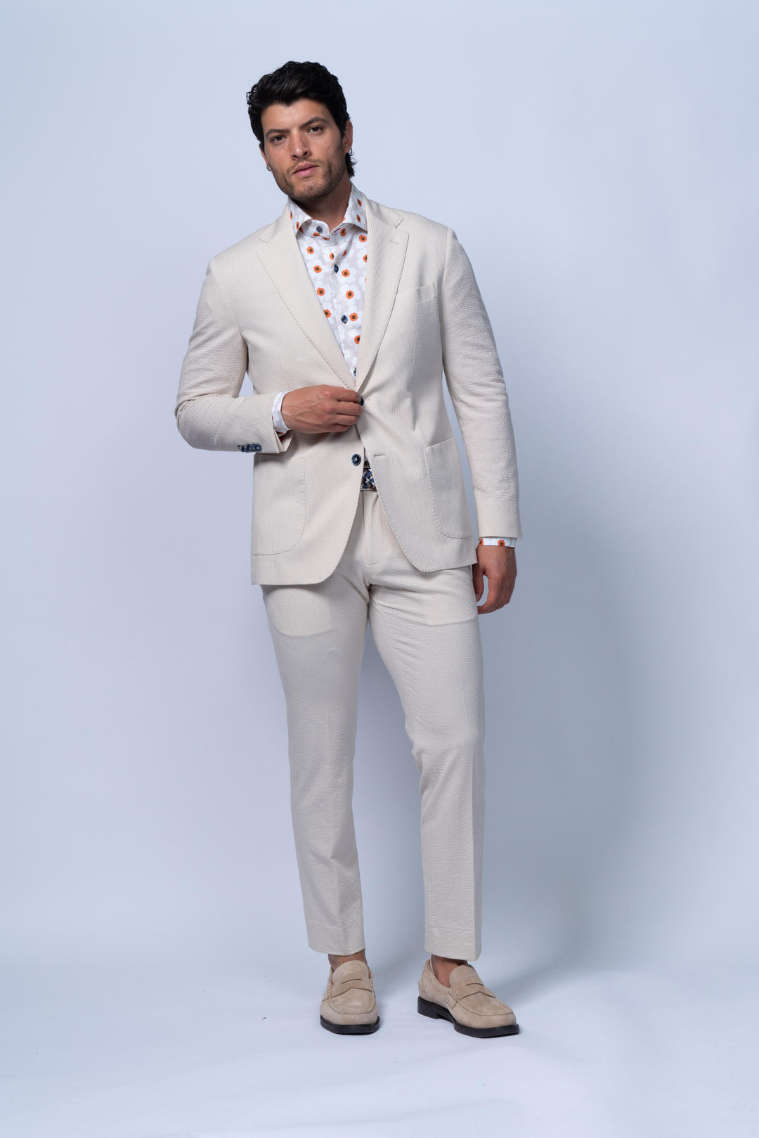 Meridian Beige Cotton Stretch Seersucker