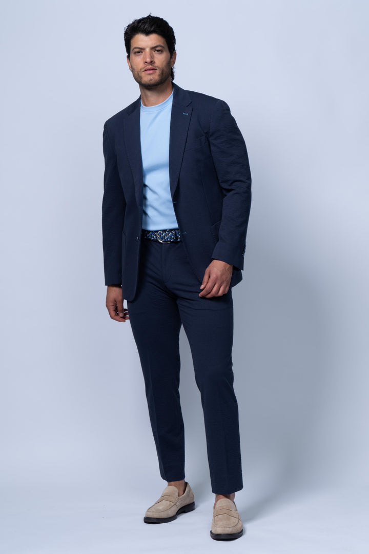 Meridian Navy Stretch Cotton Seersucker