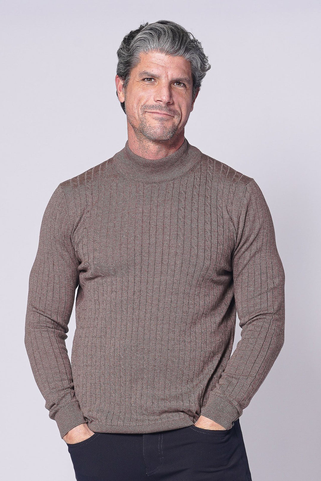 MOCK NECK F25 KNIT SWEATER IN TAUPE - 7 Downie St.®