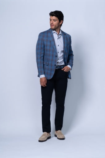 Edmond Blue And Brown Cotton Linen Check Blazer