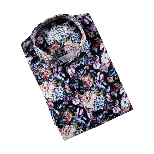 Navy Cotton Sateen Stretch Multicolor Floral Print - 7 Downie St.®