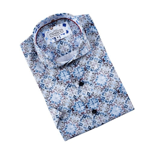 L. Blue Cotton Sateen Stretch Blue And Brown Abstract Print - 7 Downie St.®