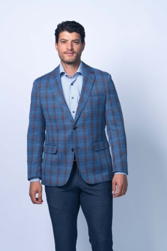 Edmond Blue And Brown Cotton Linen Check Blazer