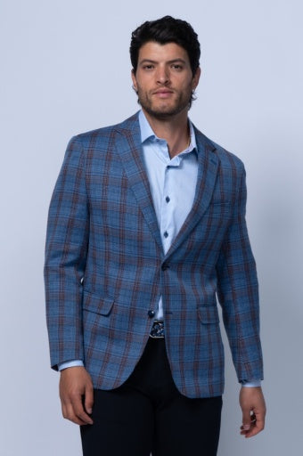 Edmond Blue And Brown Cotton Linen Check Blazer