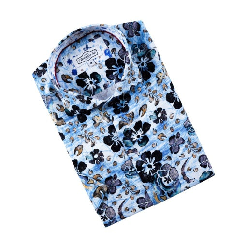 Blue Cotton Sateen Stretch Blue And Brown Floral Print - 7 Downie St.®